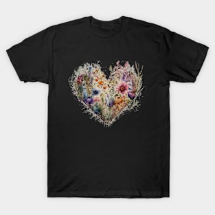 Floral Garden Botanical Print with wild flowers Heart Valentines T-Shirt